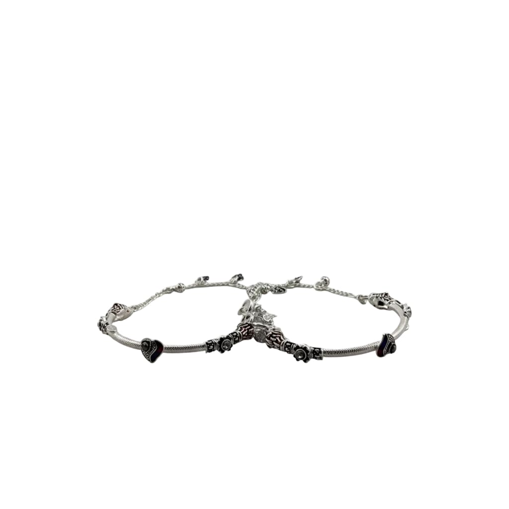 Designer Kada Anklet Pair in pure silver with Enamel Charms