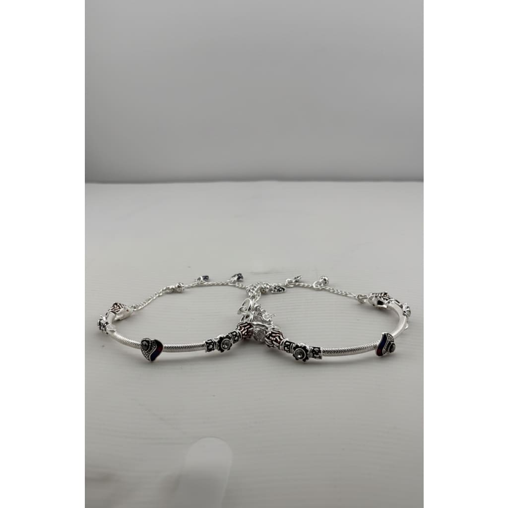 Designer Kada Anklet Pair in pure silver with Enamel Charms