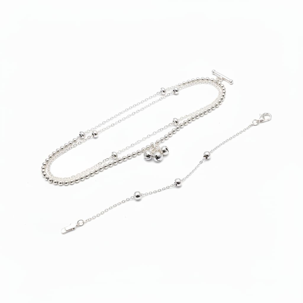 Double Layer Beaded Silver Anklet – 99.9% Pure Adjustable