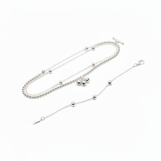 Double Layer Beaded Silver Anklet – 99.9% Pure Adjustable