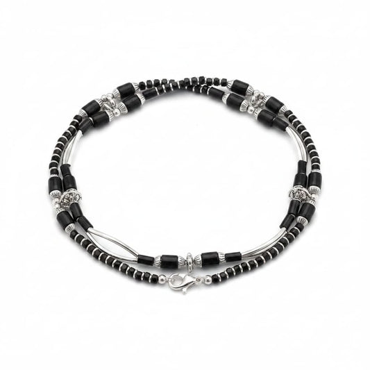 Dual Strand Black Beaded Nazariya Anklet in 925 Sterling