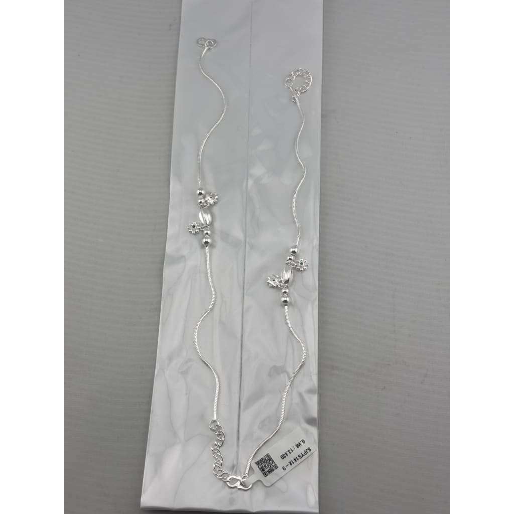 Floral Bead Accent Silver Anklet – 99.9% Pure Adjustable