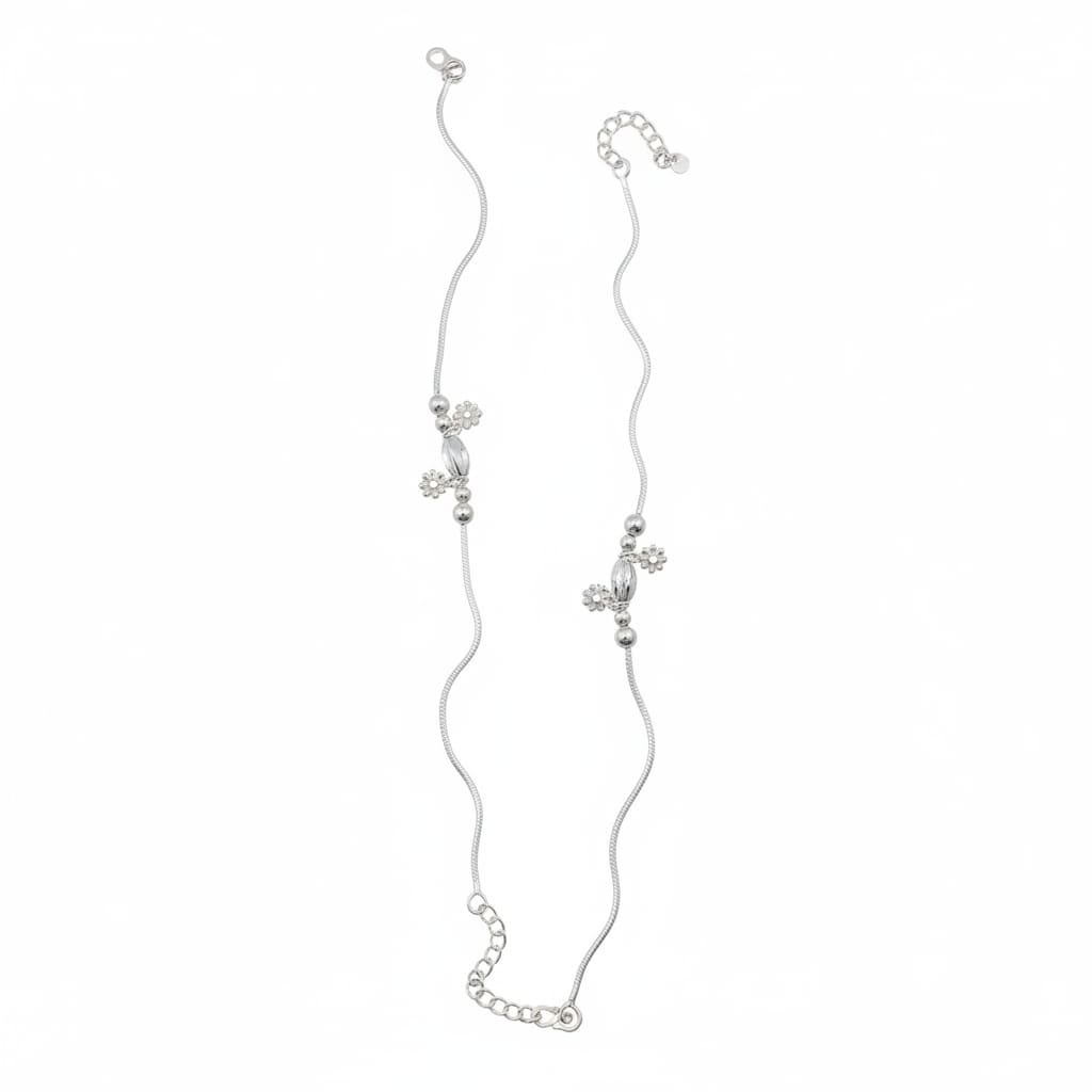 Floral Bead Accent Silver Anklet – 99.9% Pure Adjustable