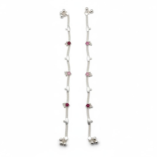 Floral Charm Anklet – 925 Sterling Silver Pink & Red Stone
