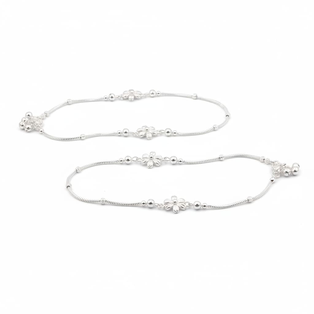 Floral Charm Station Silver Anklet – 99.9% Pure Weight:22g