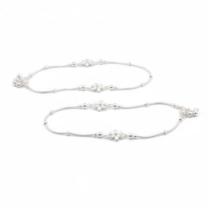 Floral Charm Station Silver Anklet – 99.9% Pure Weight:22g