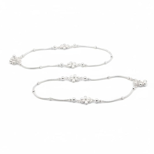 Floral Charm Station Silver Anklet – 99.9% Pure Weight:22g