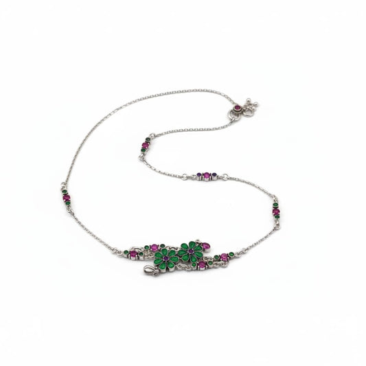 Floral Drop Anklet – 925 Sterling Silver Green & Pink Stone