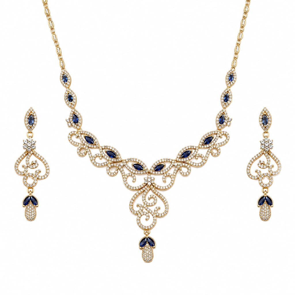 Gold-Plated 925 Sterling Silver Blue Marquise Vine Necklace