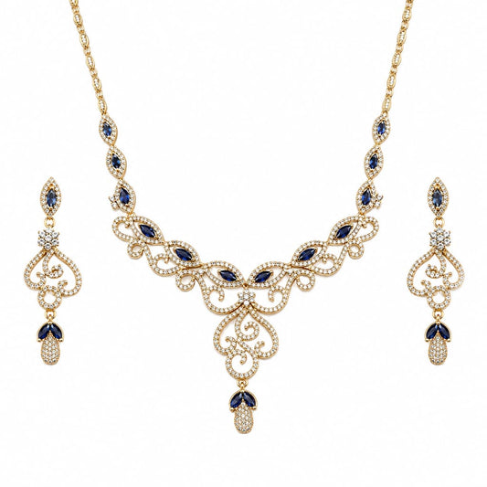 Gold-Plated 925 Sterling Silver Blue Marquise Vine Necklace