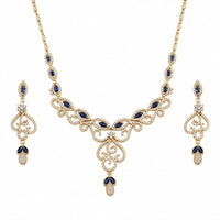 Load image into Gallery viewer, Gold-plated 925 sterling silver blue marquise vine necklace and earrings set on white
