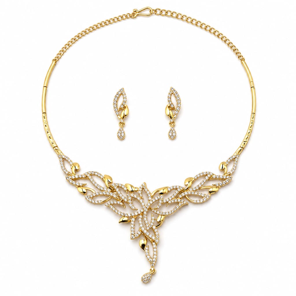Gold-Plated 925 Sterling Silver Clear-Stone Leaf Necklace &