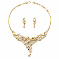 Load image into Gallery viewer, Gold-plated 925 sterling silver clear-stone leaf necklace and earrings set on white background

