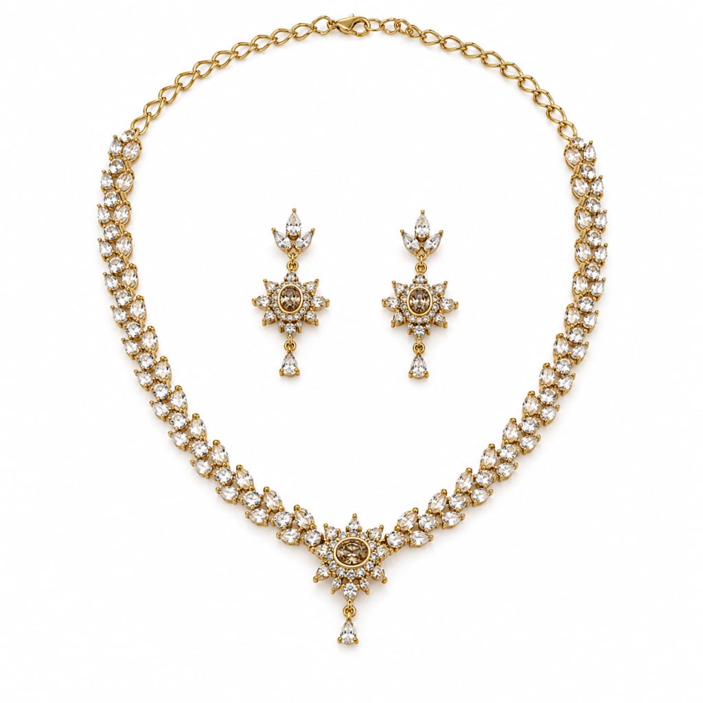 Gold-Plated 925 Sterling Silver Crystal Necklace & Earrings