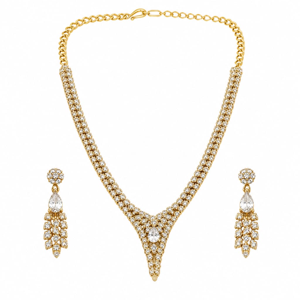 Gold-Plated 925 Sterling Silver Floral Crystal V Necklace &