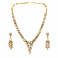 Load image into Gallery viewer, Gold-plated 925 sterling silver crystal V necklace and earrings set on white
