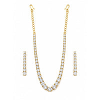 Load image into Gallery viewer, Gold-plated 925 sterling silver graduated round crystal tennis necklace earrings set on white
