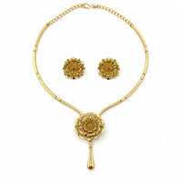 Load image into Gallery viewer, Gold-plated 925 sterling silver layered flower necklace and earrings set on white background
