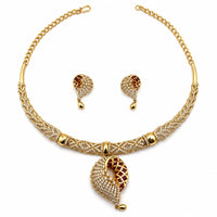 Load image into Gallery viewer, Gold-plated 925 sterling silver red enamel leaf necklace and earrings set on white background
