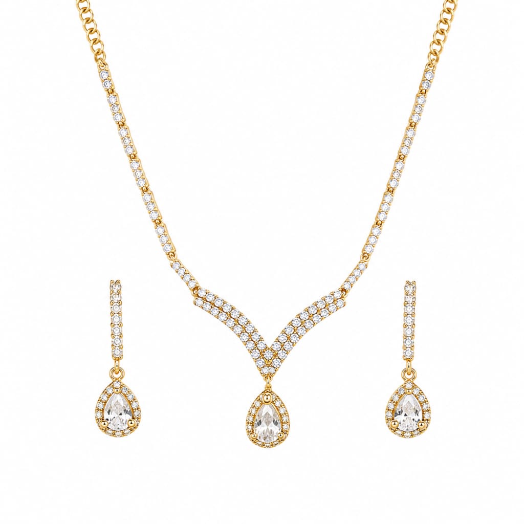 Gold-Plated 925 Sterling Silver V-Shaped Crystal Necklace &