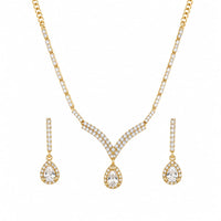 Load image into Gallery viewer, Gold-plated 925 sterling silver V-shaped crystal necklace and teardrop earrings set on white
