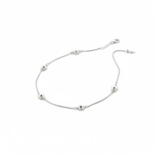 Green Flower Charm Silver Anklet – 99.9% Pure Weight:11g