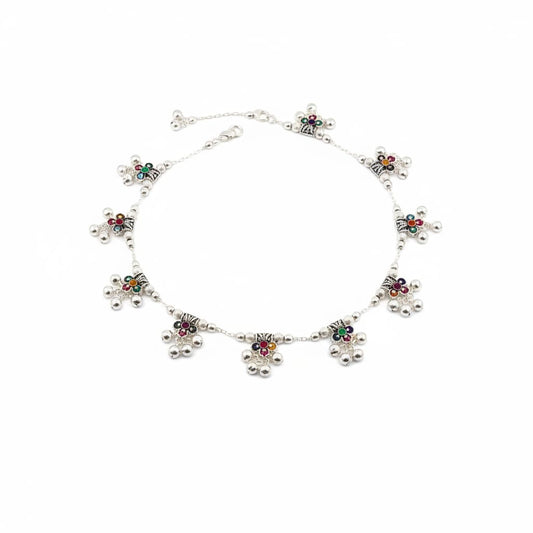 Multicolor Floral Ghungroo Silver Anklet – 925 Sterling