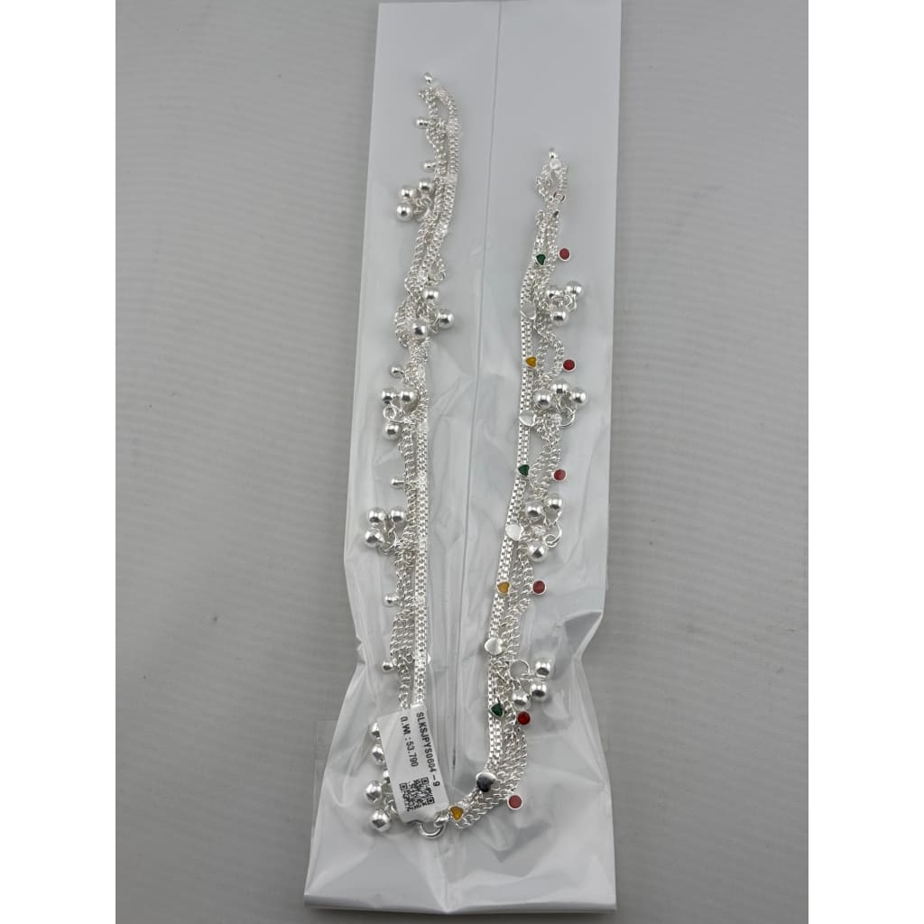 Navratna Bell Layered Silver Anklet – 99.9% Pure Adjustable