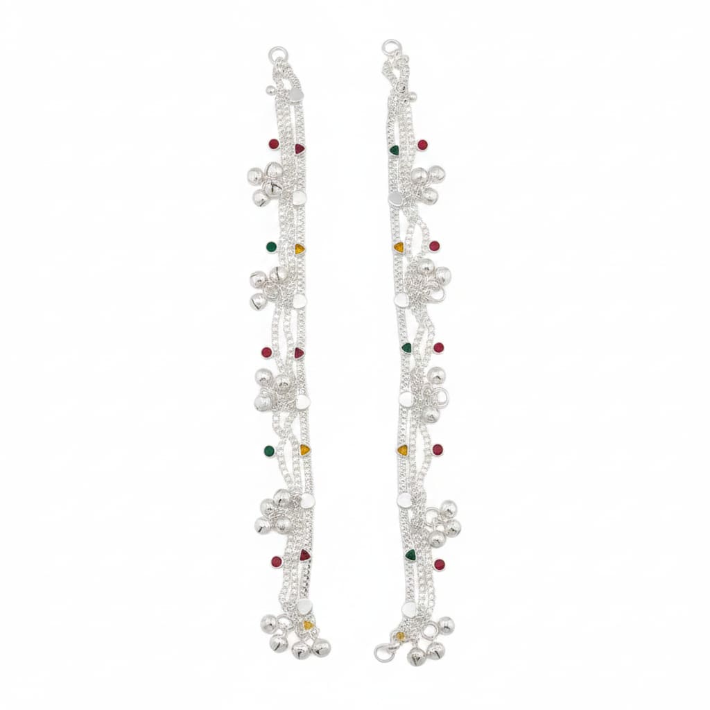 Navratna Bell Layered Silver Anklet – 99.9% Pure Adjustable