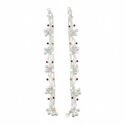 Navratna Bell Layered Silver Anklet – 99.9% Pure Adjustable