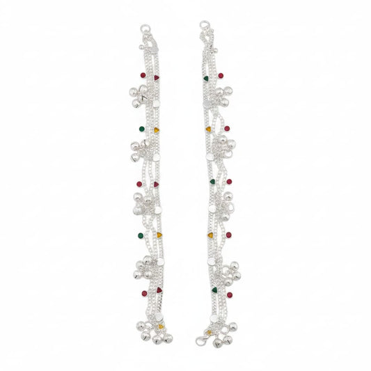 Navratna Bell Layered Silver Anklet – 99.9% Pure Adjustable