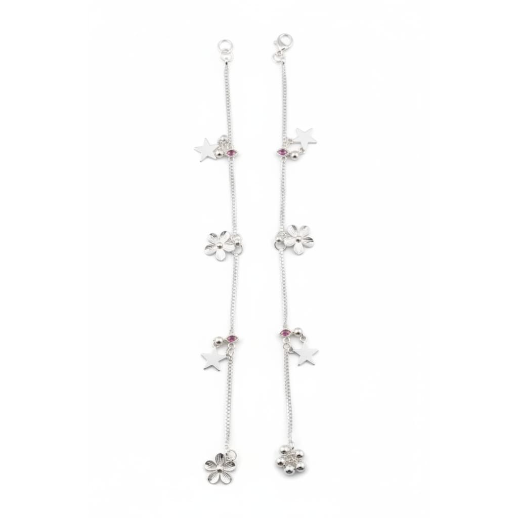 Pink Eye Charm Silver Anklet – 99.9% Pure Adjustable Dual
