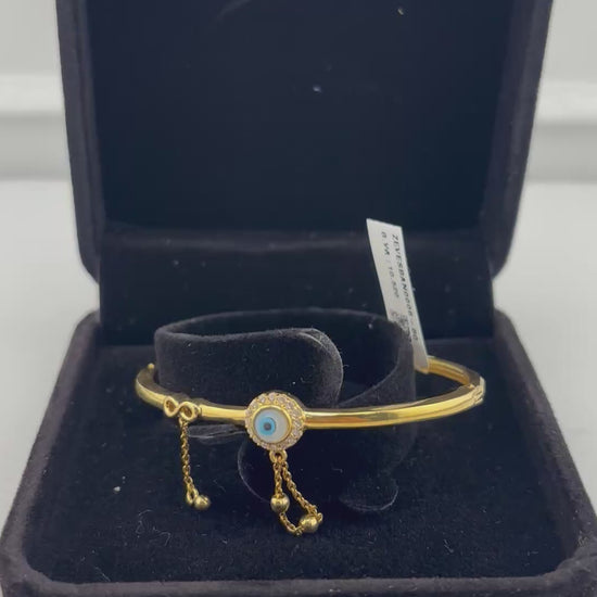 925 Sterling Silver Gold Plated Evil Eye CZ Centrepiece Open Bangle Bracelet with Dangling Chains