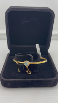 Load and play video in Gallery viewer, 925 Sterling Silver Gold Plated Evil Eye Charm Open Bangle Bracelet
