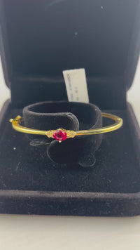 Load and play video in Gallery viewer, 925 Sterling Silver Gold Plated Ruby Red CZ Solitaire Open Bangle Bracelet
