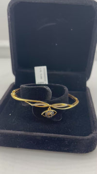 Load and play video in Gallery viewer, 925 Sterling Silver Gold Plated Evil Eye Charm Open Bangle Bracelet
