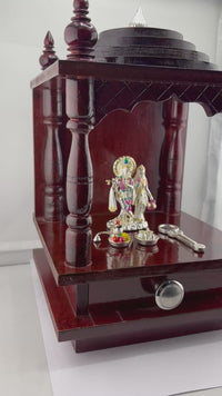 Load and play video in Gallery viewer, Wooden Pooja Mandir with Silver Radha Krishna Idol Set (55g)
