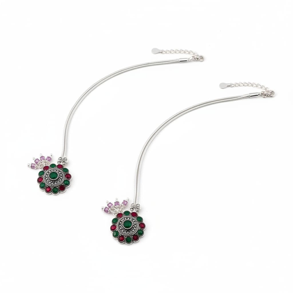 Royal Circle Kundan Silver Anklet – 99.9% Pure Multicolor