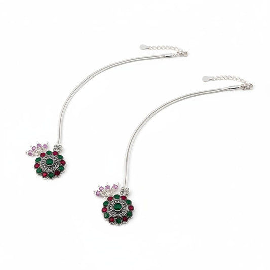 Royal Circle Kundan Silver Anklet – 99.9% Pure Multicolor