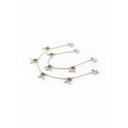 Royal Floral Kundan Silver Anklet – 99.9% Pure Adjustable