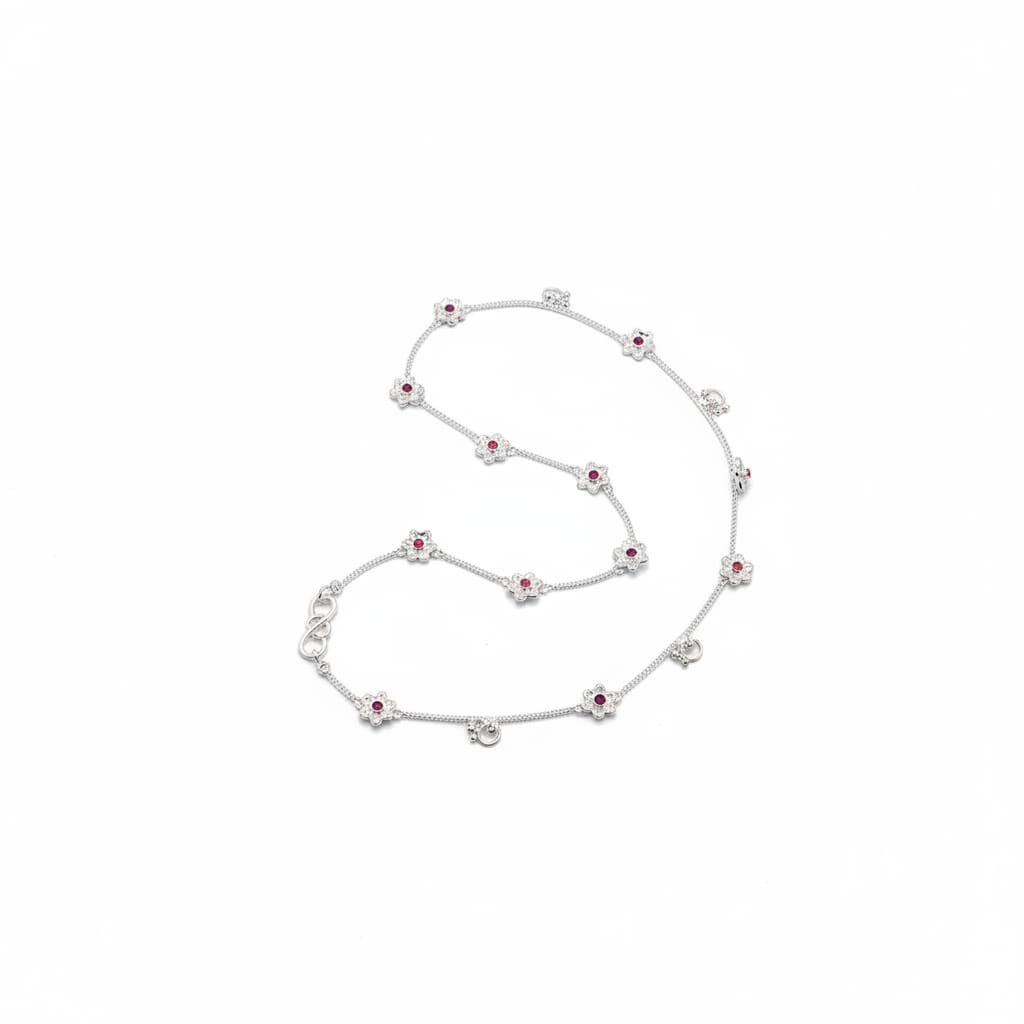 Ruby Blossom Double Chain Silver Anklet – 99.9% Pure