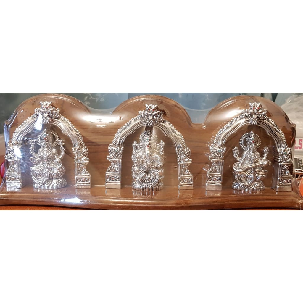 Silver 99.9% pure Laxmi Ganesh Saraswati Idol with Dwar