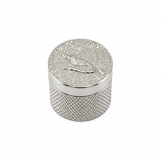 Silver Cylindrical Box Bird Engraved Handcrafted (11.45g)