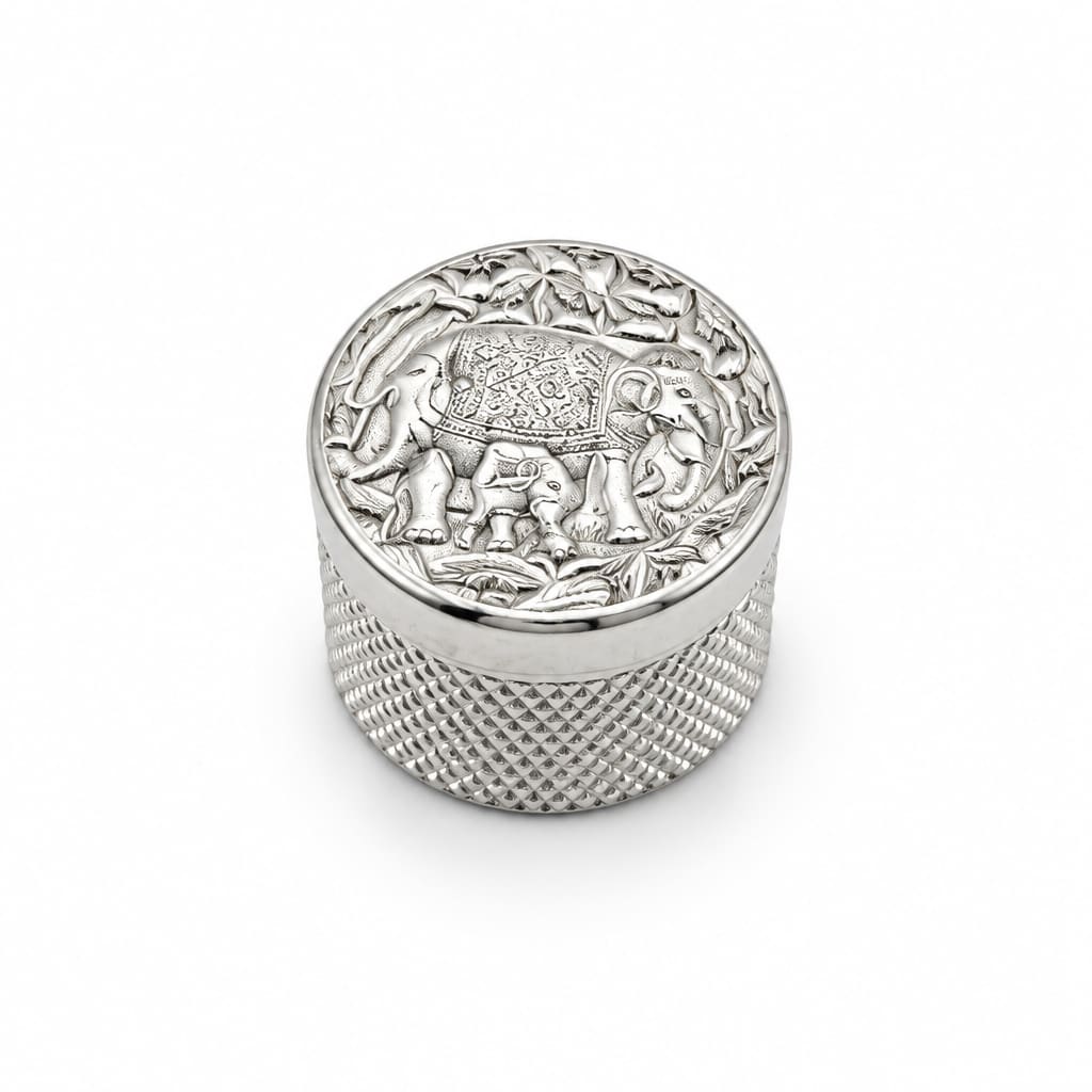 Silver Cylindrical Box Elephant Engraved Handcrafted (11.3g)