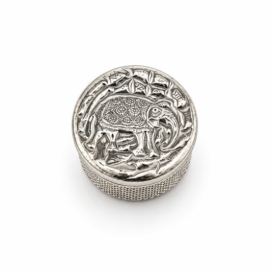 Silver Cylindrical Box Elephant Engraved Handcrafted (11.3g)