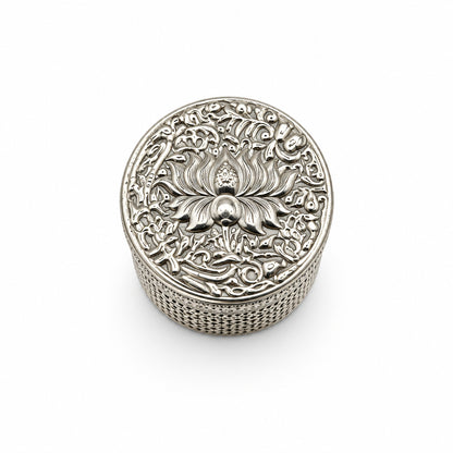 Silver Cylindrical Box Lotus Engraved Handcrafted (11.7g)
