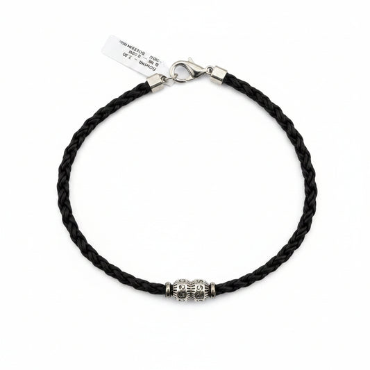 Silver Designer Bracelet 925 – Black Braided Strap with Center Bead, 8 Inches