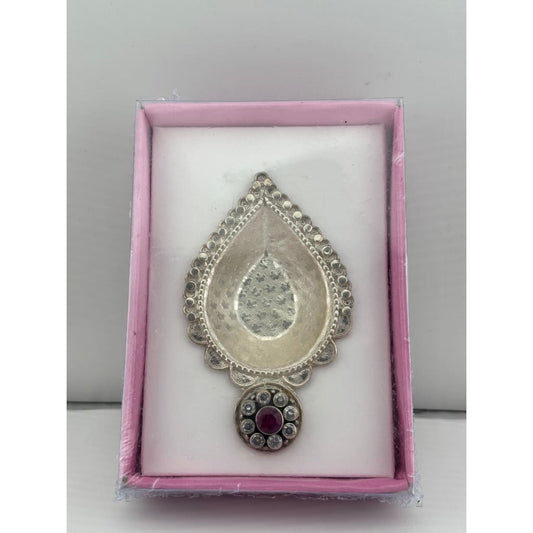 Silver Diya with Red Ruby Accent 16gm – Traditional Pooja