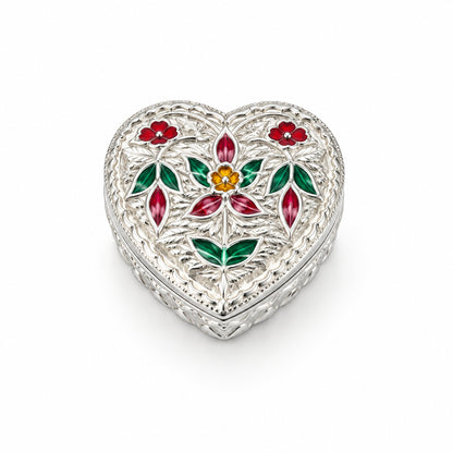 Silver Heart Box Floral Enamel Handcrafted (5.80g)
