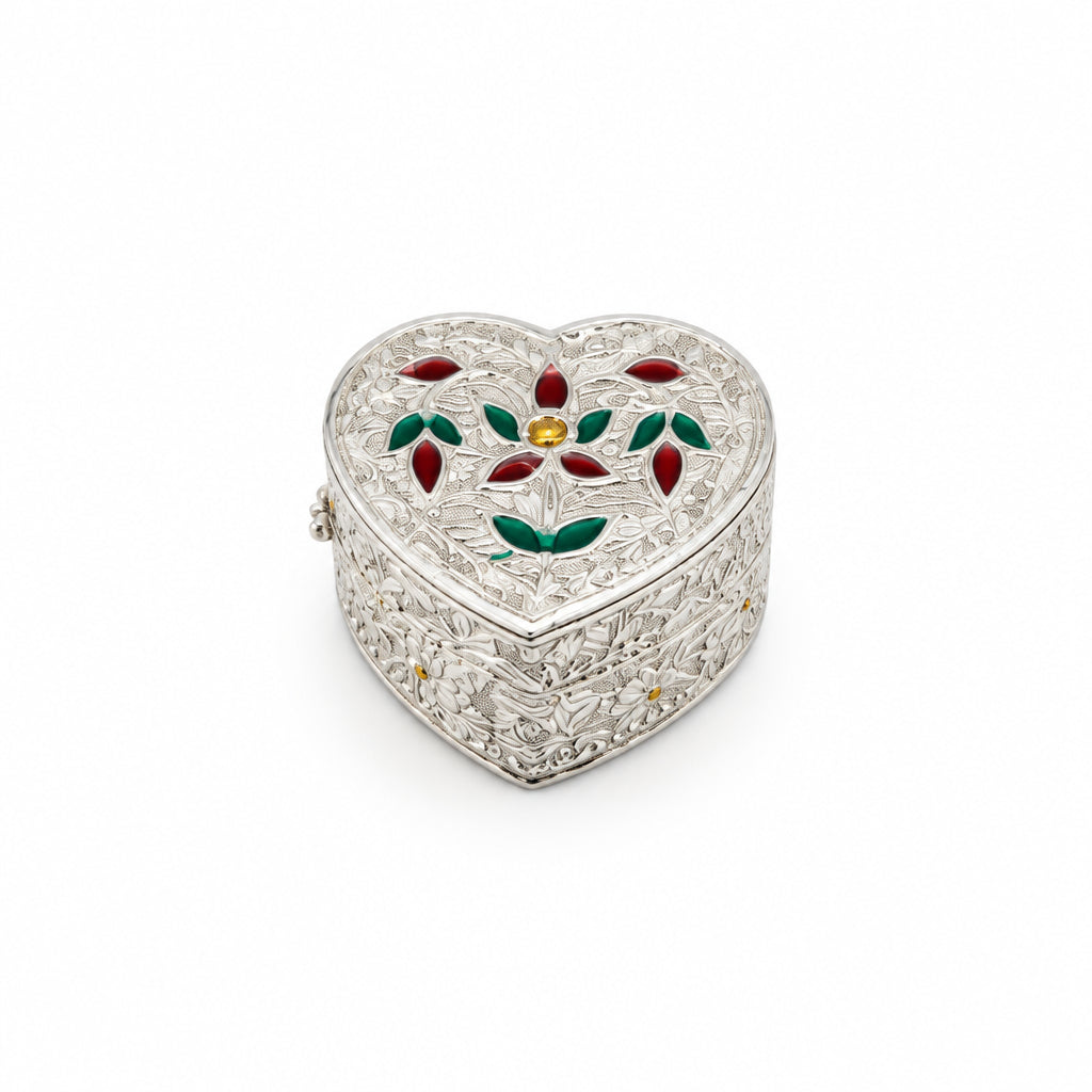 Silver Heart Box Floral Enamel Handcrafted (5.80g)